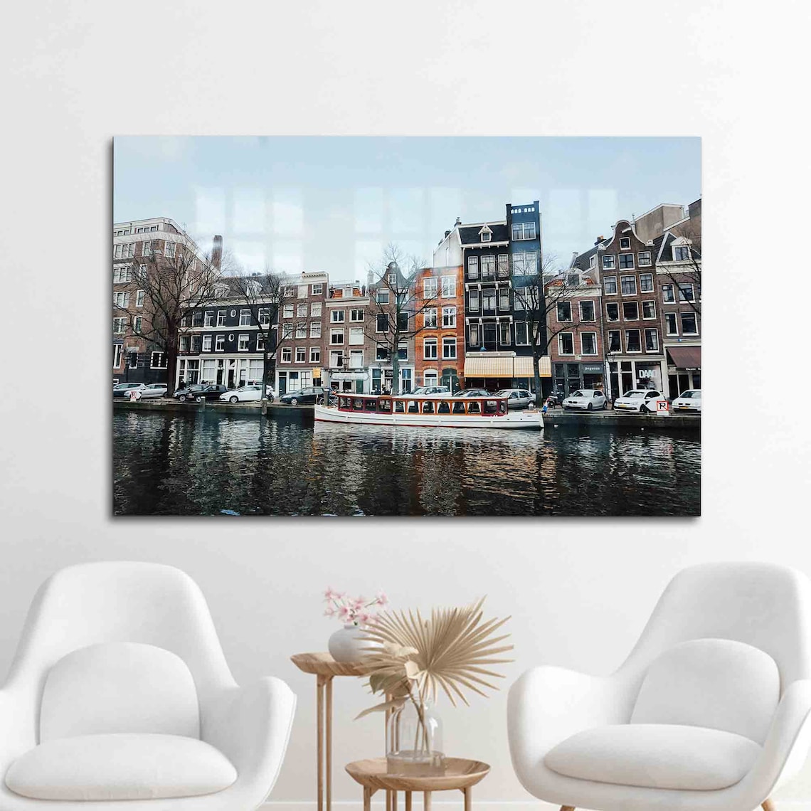 Wall Decor Glass Art Decoration Landscape Boat View Canal Cityscape