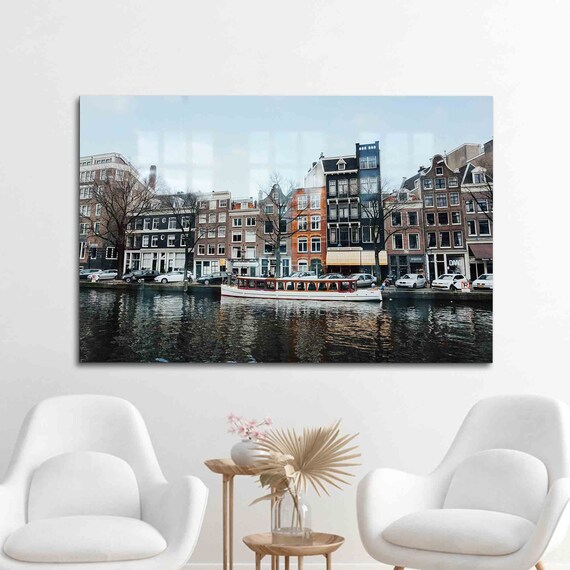 Wall Decor Glass Art Decoration Landscape Boat View Canal Cityscape