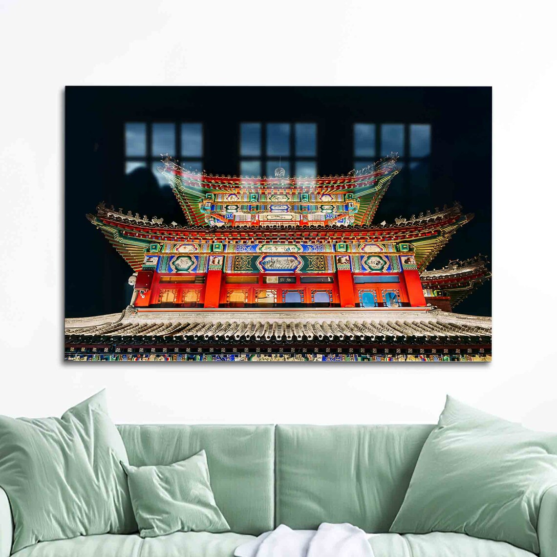 Ornate Asian Temple with Colorful Architecture at Night Poster
