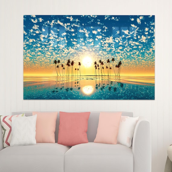 Tropical Sunset Palm Tree Silhouette Reflection Ocean Beach Print