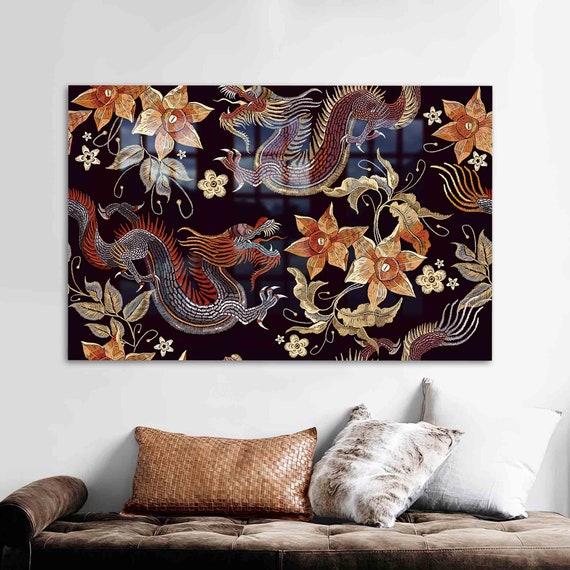 Wall Decoration Glass Art Flowers Dragons Tempered Chinese Dragon Myth