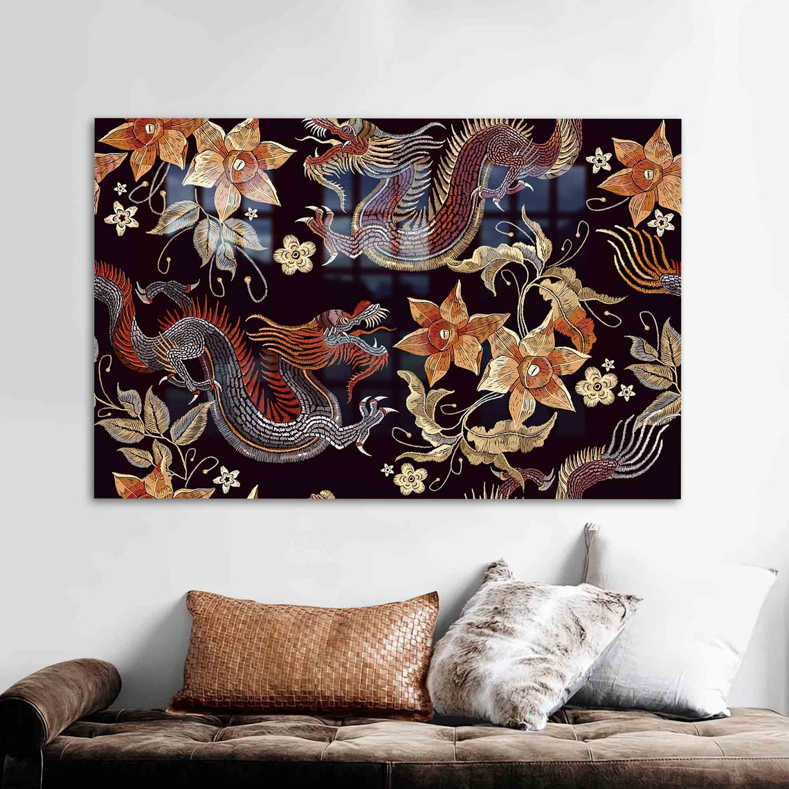 Wall Decoration Glass Art Flowers Dragons Tempered Chinese Dragon Myth