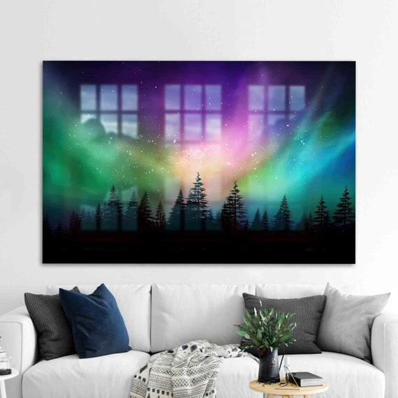 Mural Art Wall Decor Glass Nature Decoration Northern Lights Space Sky
