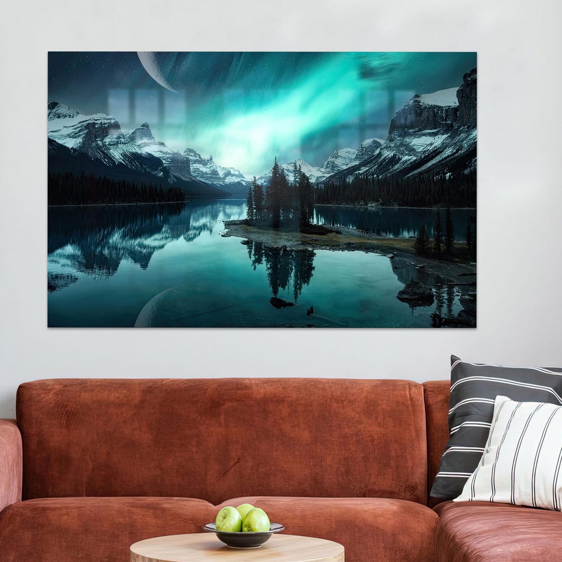 Aurora Borealis Over Snowy Mountain Lake Starry Night Poster
