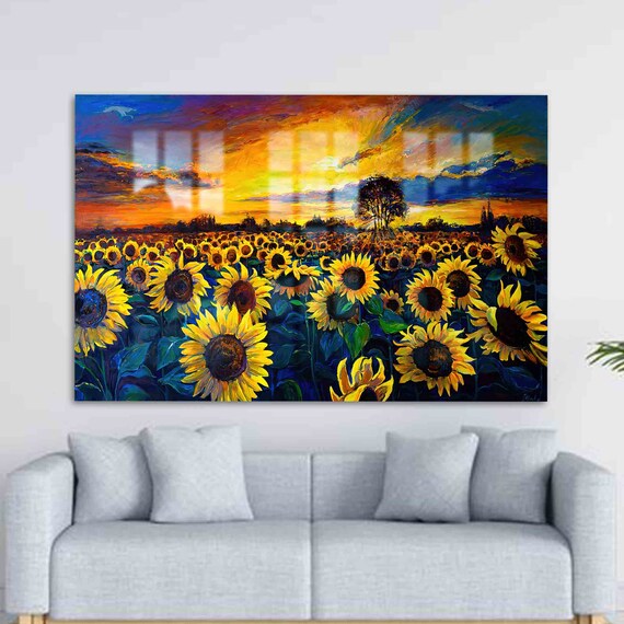 Sunflower Field Sunset Blazing Orange Sky Oil Painting Style Poster