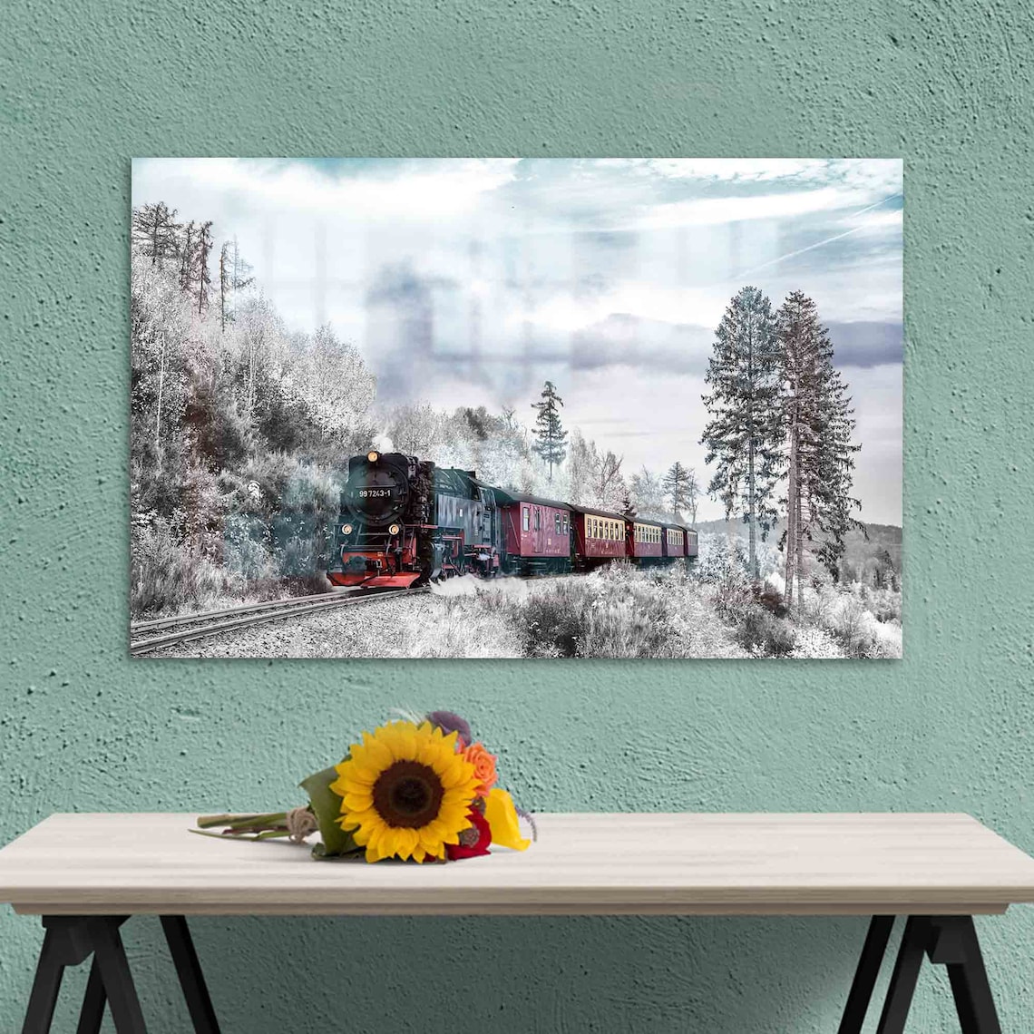 Red Steam Train Snowy Winter Forest Railway Vintage Photo Art Poster