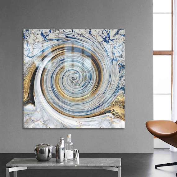 Modern Blue Gold and White Abstract Marble Swirl Spiral Wall Art