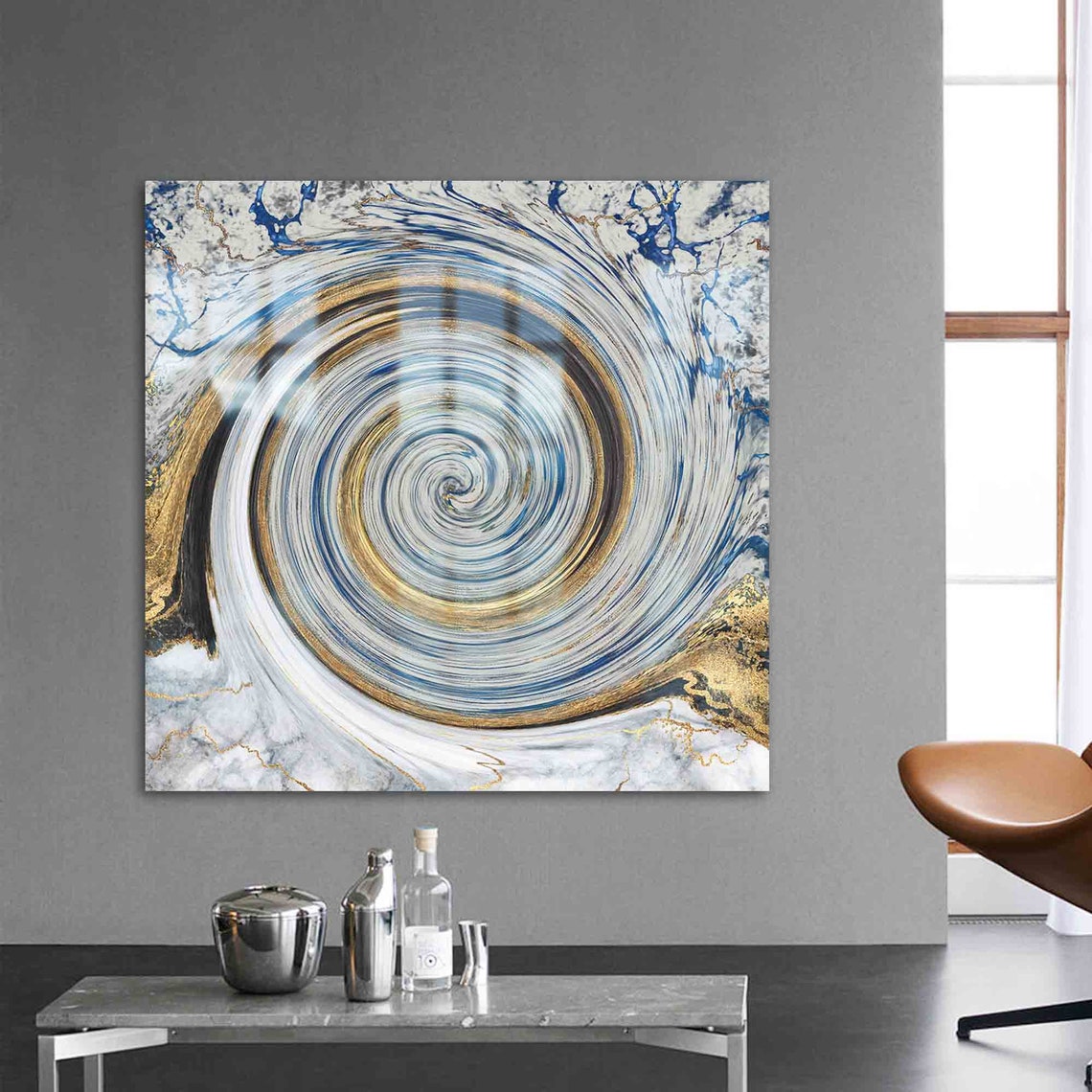 Modern Blue Gold and White Abstract Marble Swirl Spiral Wall Art