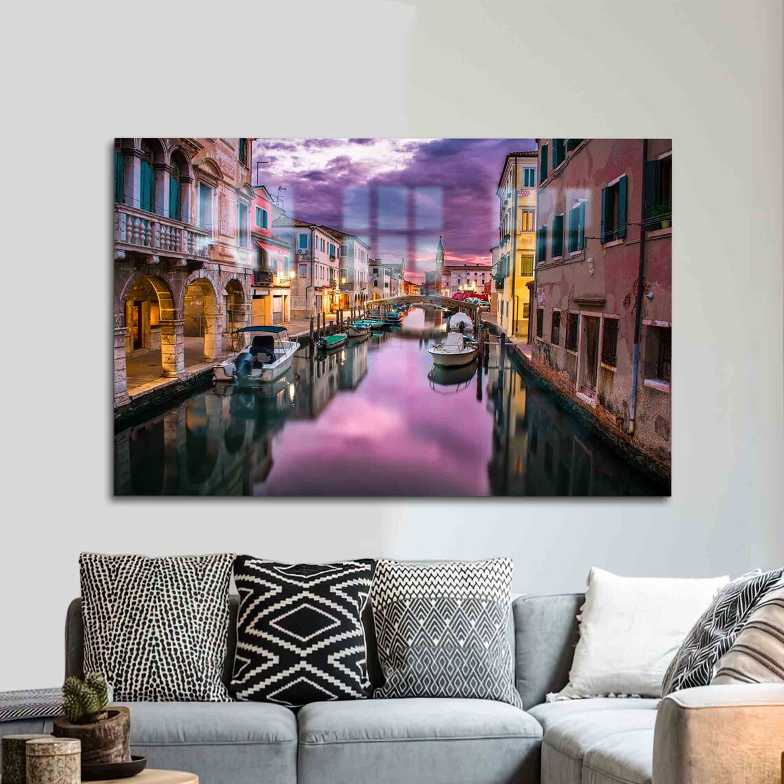 Venice Italy Canal Sunset Purple Sky Boats Reflections Evening View Poster