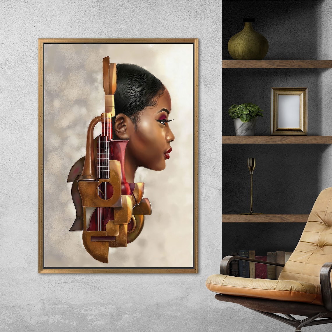 Elegant Woman and Guitar Fusion Abstract Music Portrait Wall Art