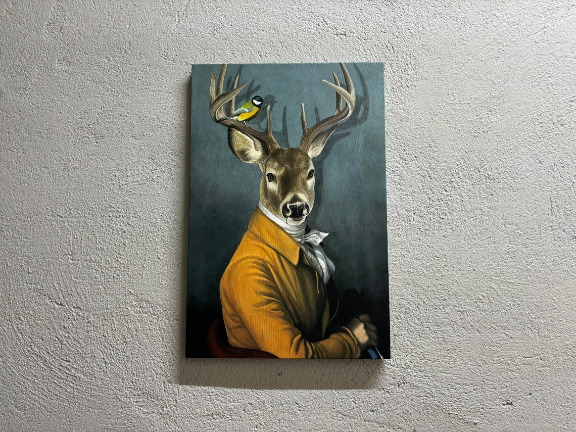 Dapper Stag Portrait Bird on Antler Vintage Gentleman Poster