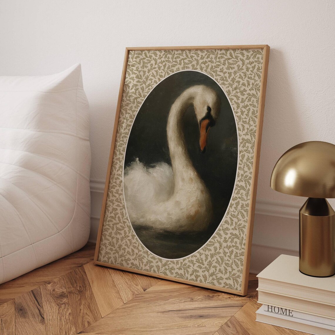 Vintage Swan Art Print, Elegant Oval Painting