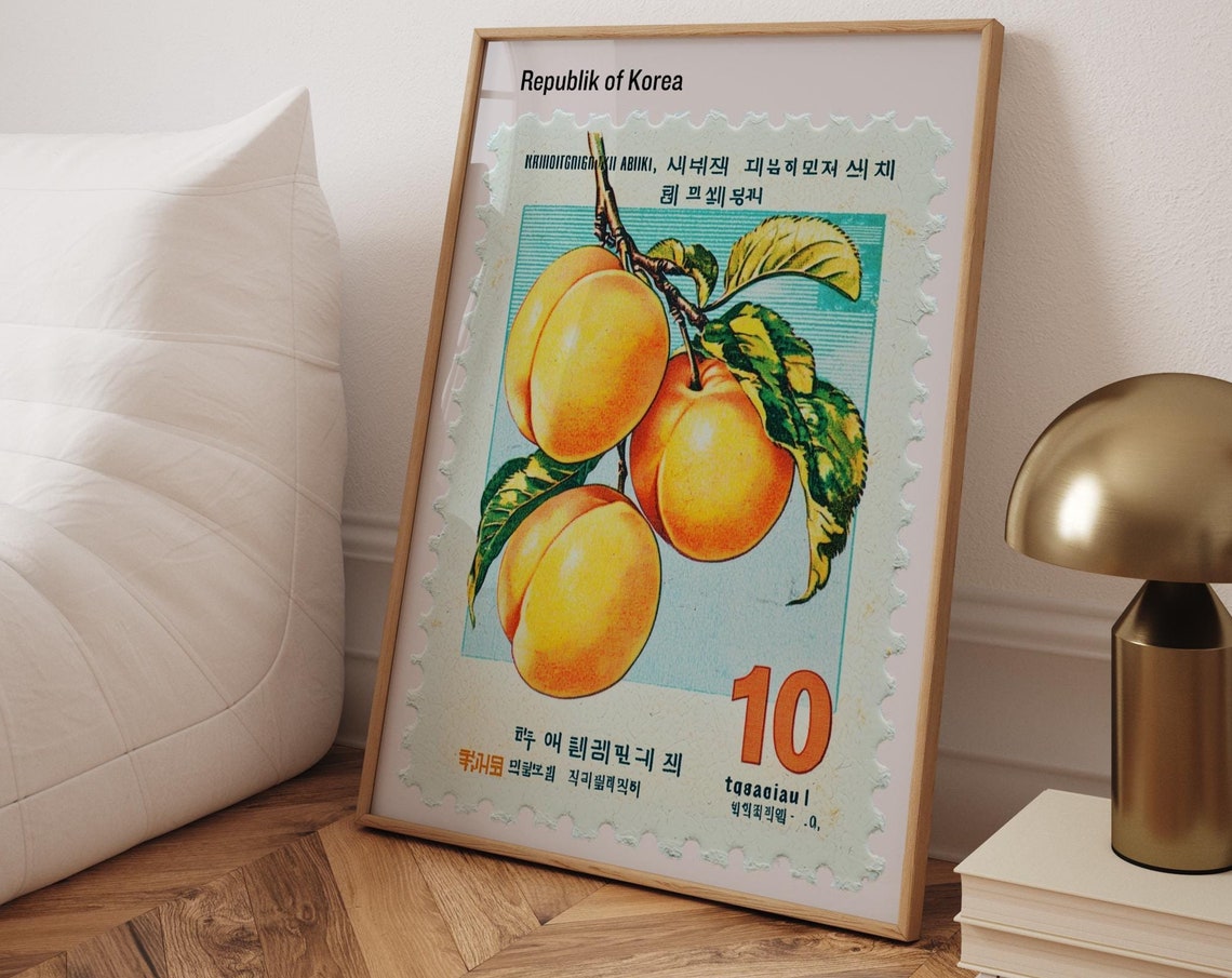 Peach Postal Stamp Art Retro Kitchen Fruit Print