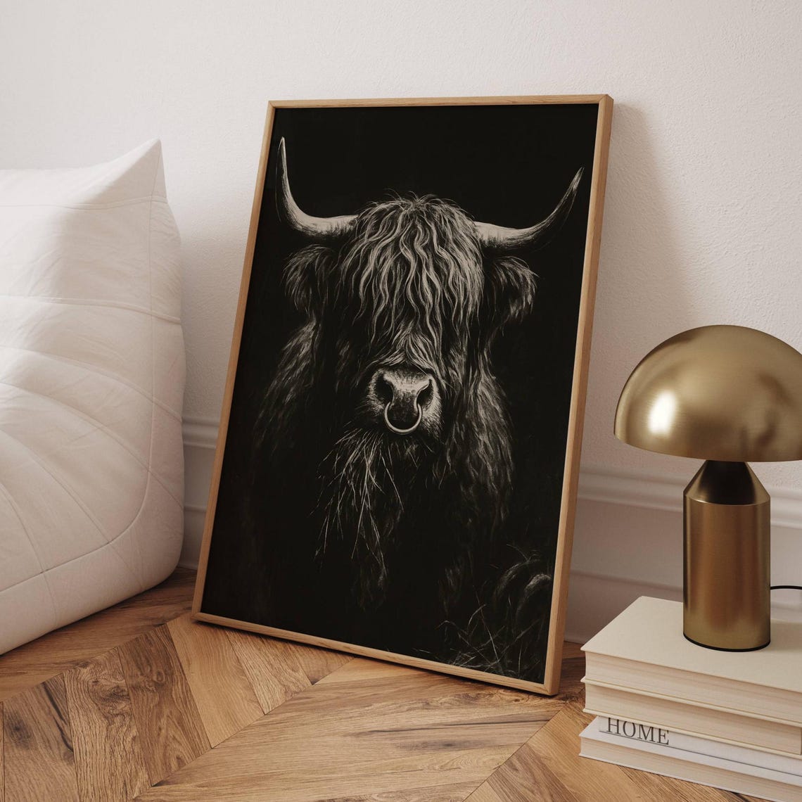 Highland Cow Black and White Moody Scottish Cattle Portrait Poster