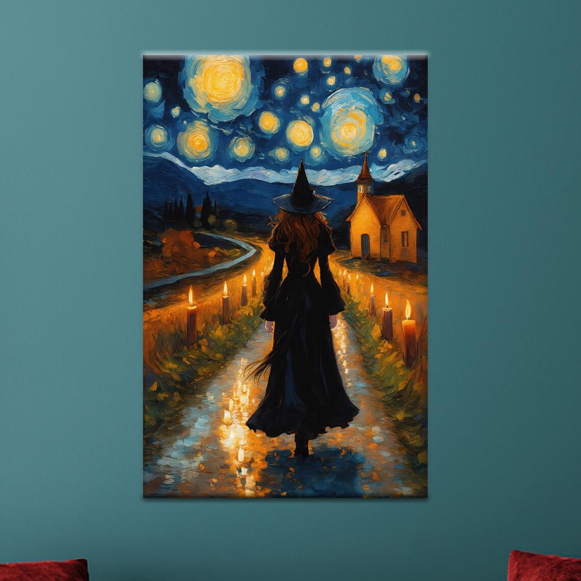 Witch Enchanted Night Starry Inspired Fantasy Wall Decor Gothic Modern Art Canvas Personalized Gift Halloween