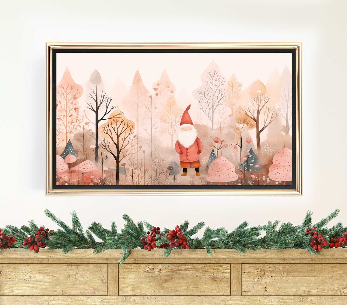 Pink Santa Christmas Forest Scene Art Print