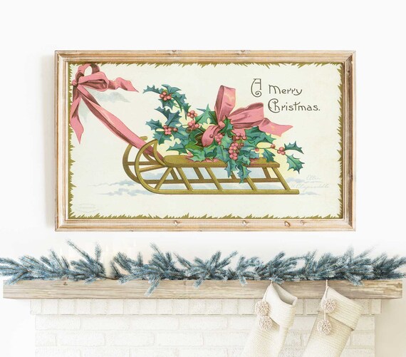 Vintage Christmas Sled Holly Berries Pink Ribbon A Merry Christmas Art Poster