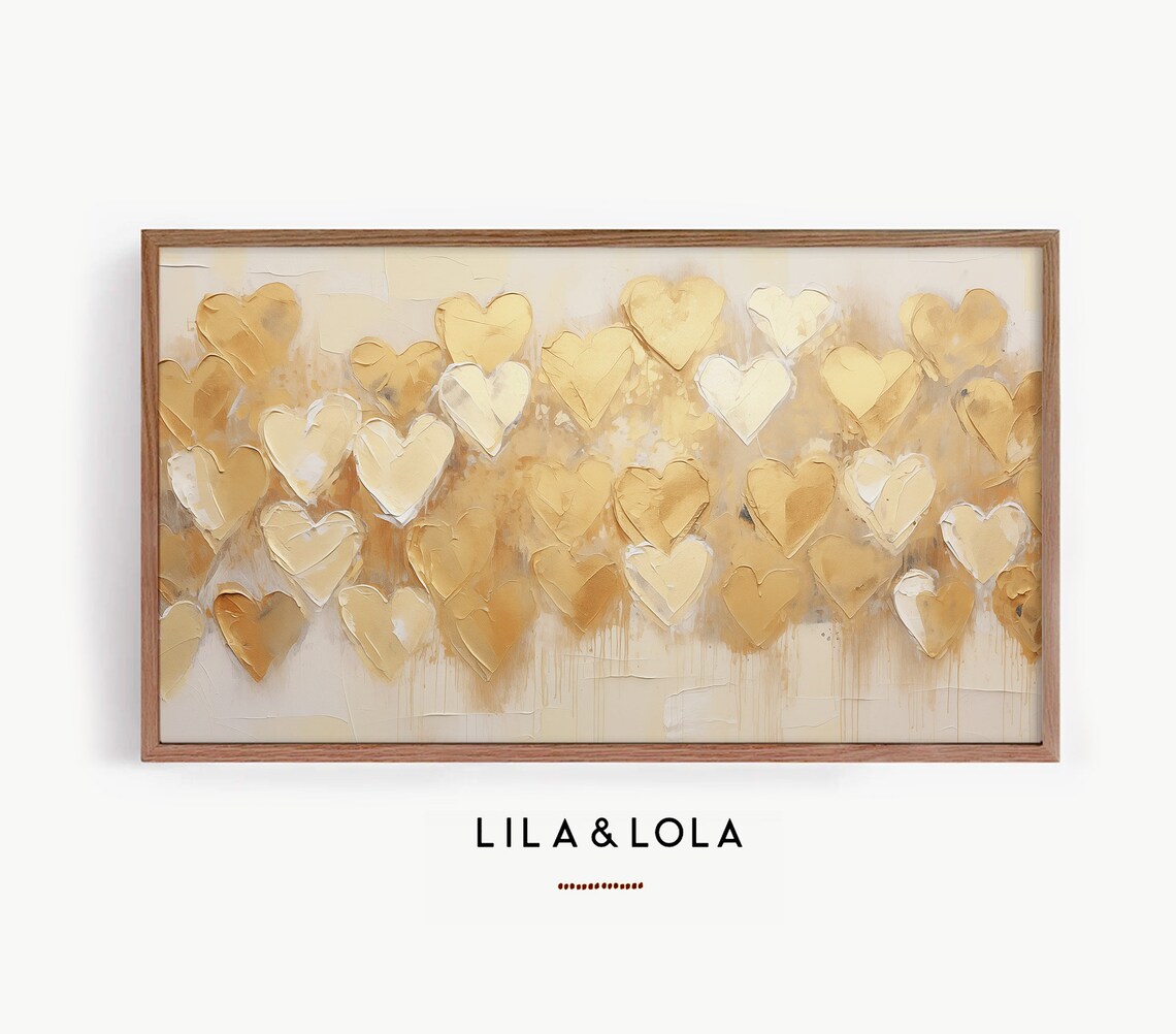 Golden Hearts Abstract Impasto Painting Beige Neutral Love Art Print