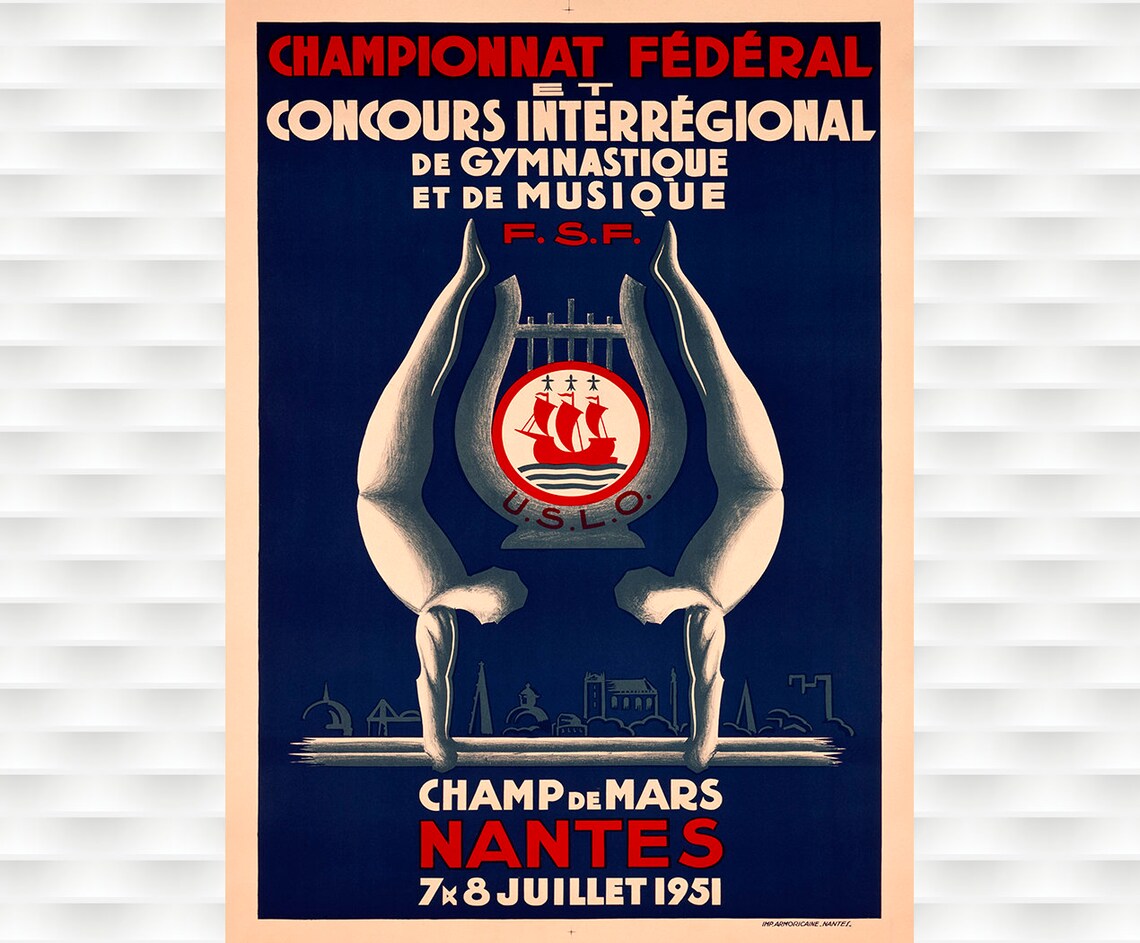 1951 Nantes Gymnastics Championship FSF Vintage French Sports Poster