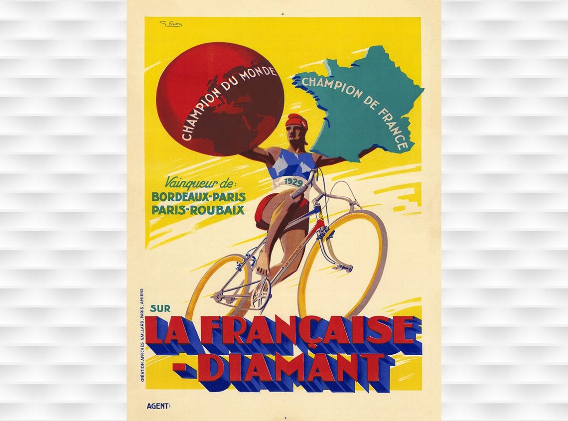 La Francaise Diamant 1929 Champion Cyclist Bordeaux Paris Race Poster