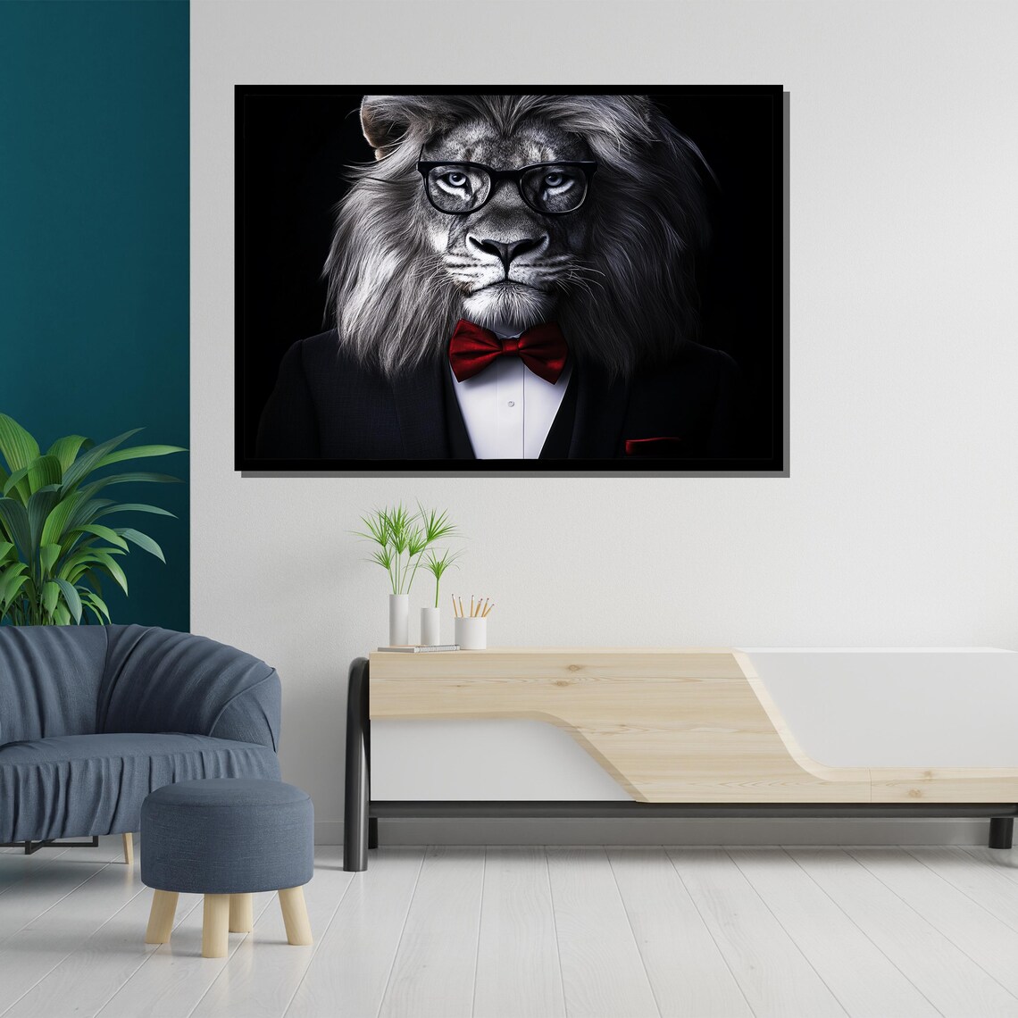 Dapper Lion Portrait Black Suit Red Bow Tie Glasses Regal Animal Wall Art Poster - Image 5