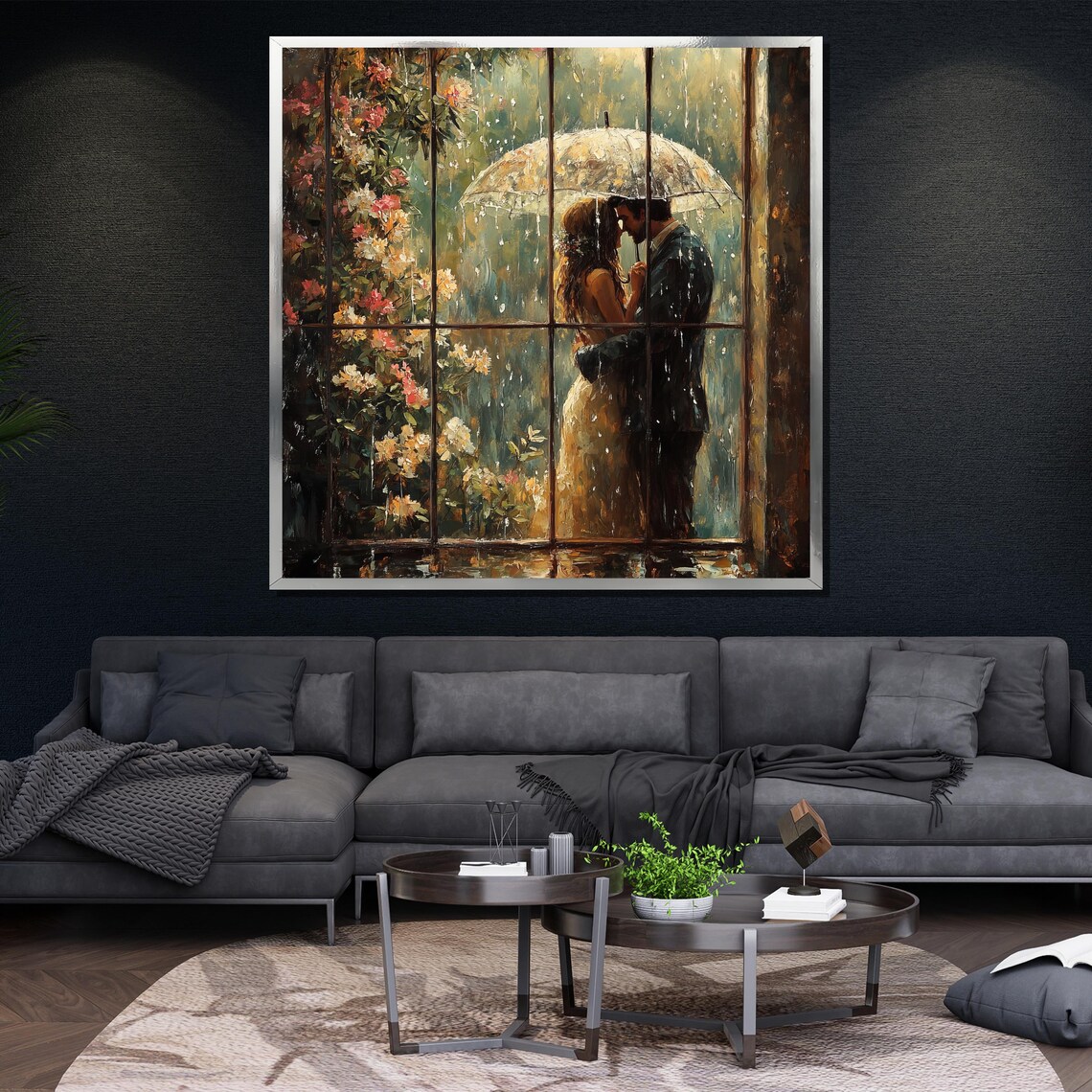 Romantic Couple Rainy Window Umbrella Kiss Floral Painting Wall Poster - Image 4