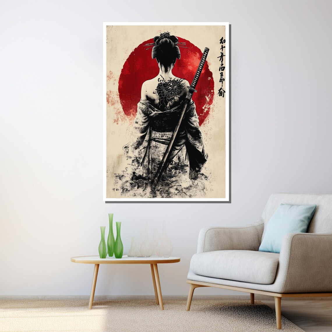 Samurai Woman Japanese Ink Art Red Sun Poster - Image 3