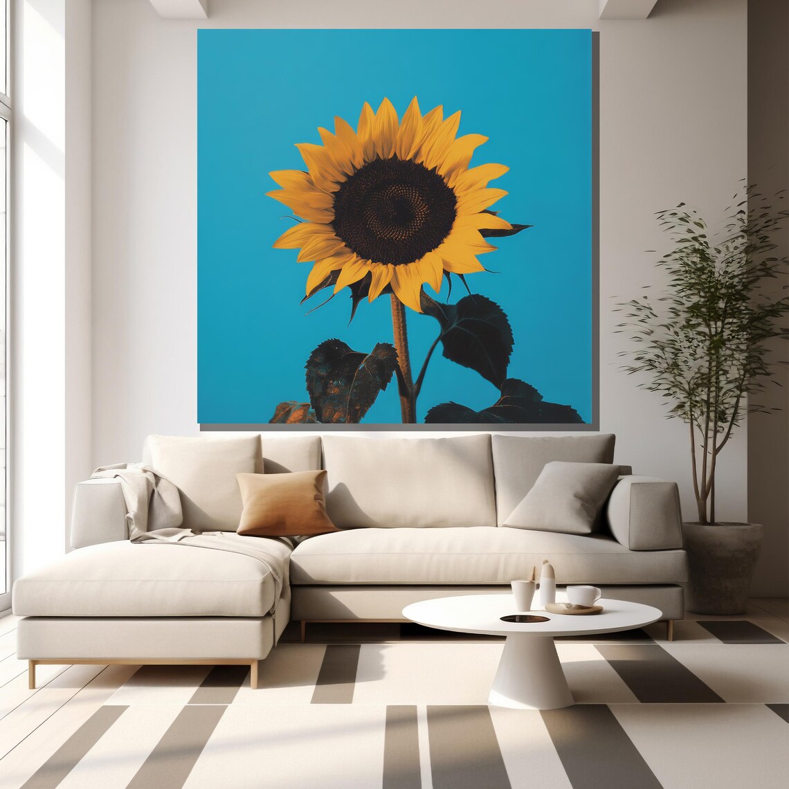 Sunflower Against Bright Turquoise Blue Background Modern Art Poster - Image 2