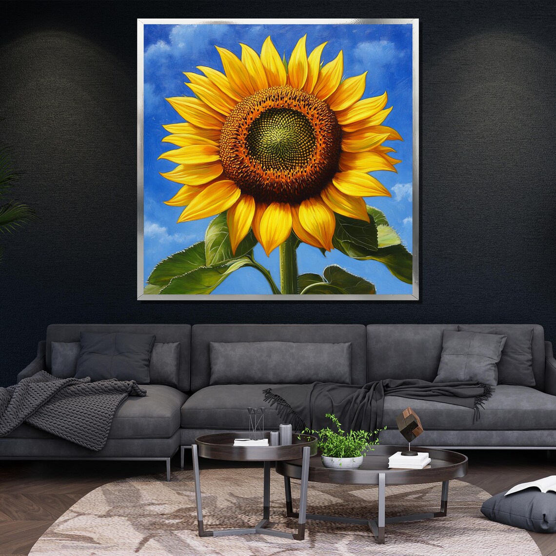 Vibrant Sunflower Blue Sky Close Up Painting Cheerful Floral Wall Art - Image 4