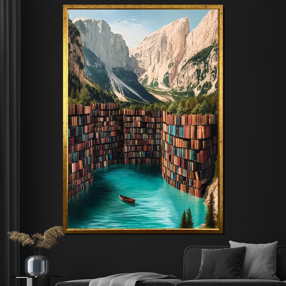 Surreal Bookshelf Lake Mountain Library Fantasy Painting Wall Poster