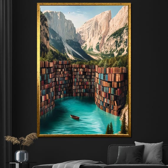 Surrealist Painting Of Book Lake With Mountain Scenery Unique Wall Art For Living Room Modern Abstract Art Gift
