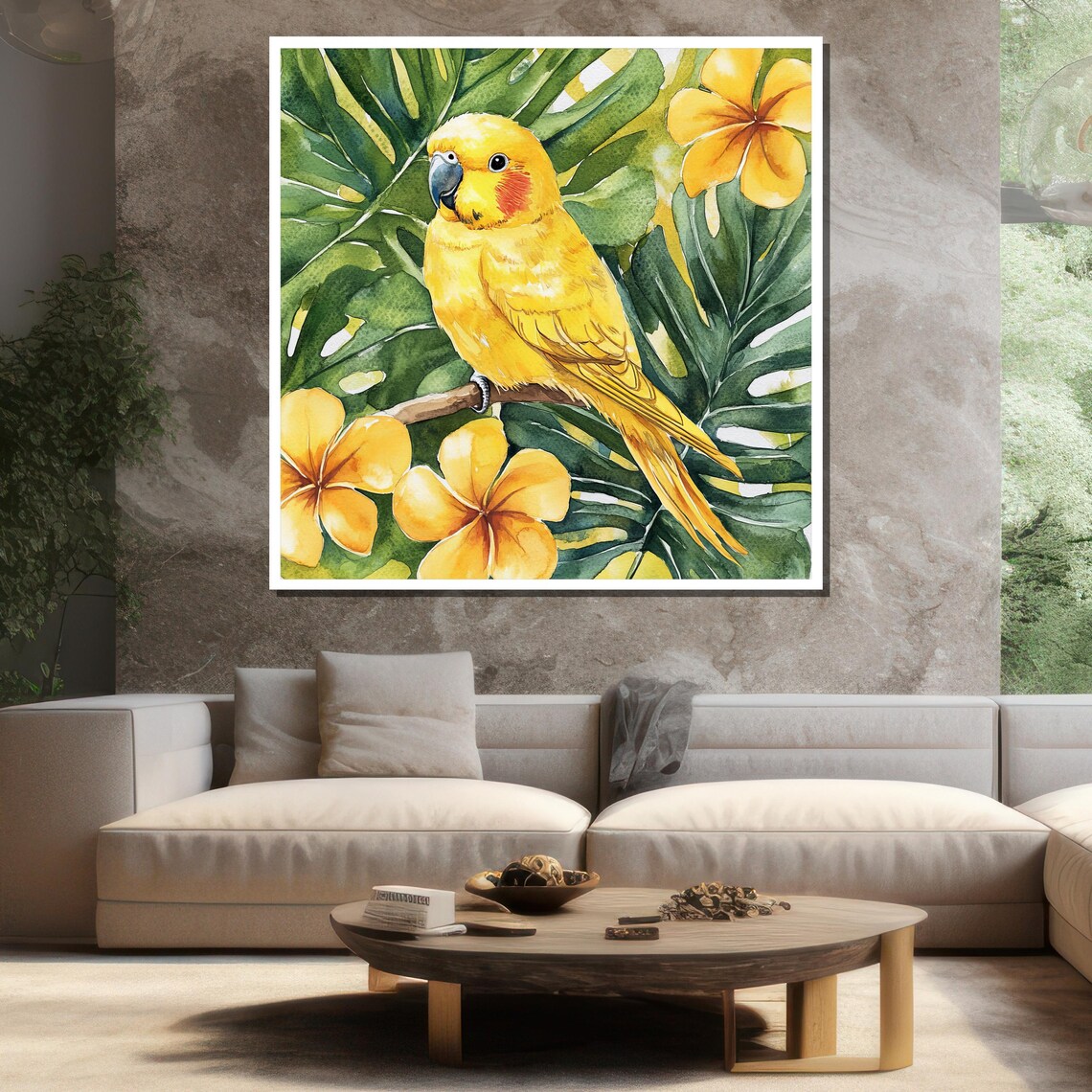 Yellow Parrot Tropical Watercolor Monstera Flower Bird Wall Poster - Image 3