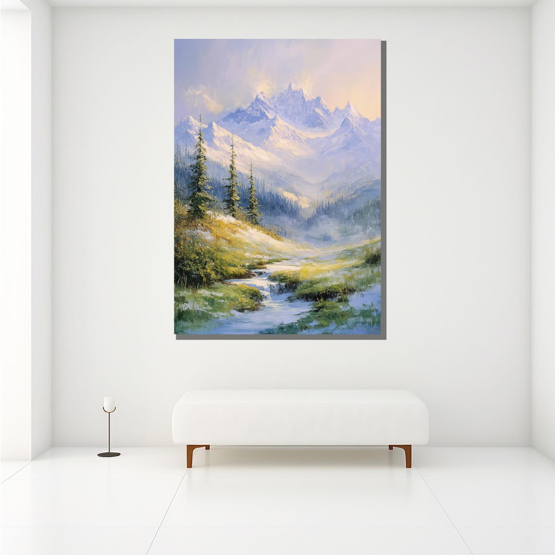 Snowy Mountain Peaks Alpine Stream Pine Forest Morning Light Poster - Image 2