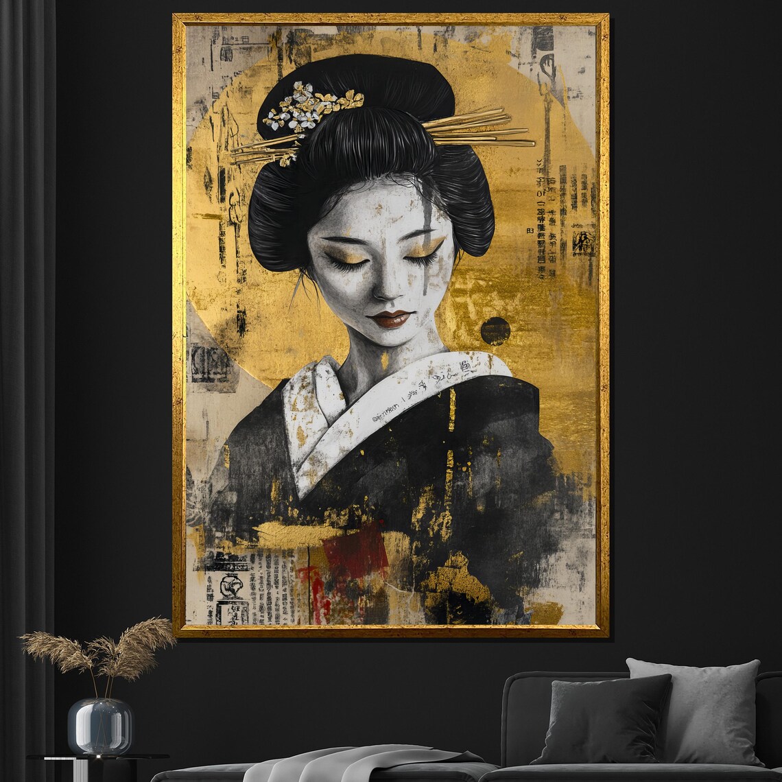 Golden Geisha Black Gold Ink Painting Elegant Japanese Art Poster