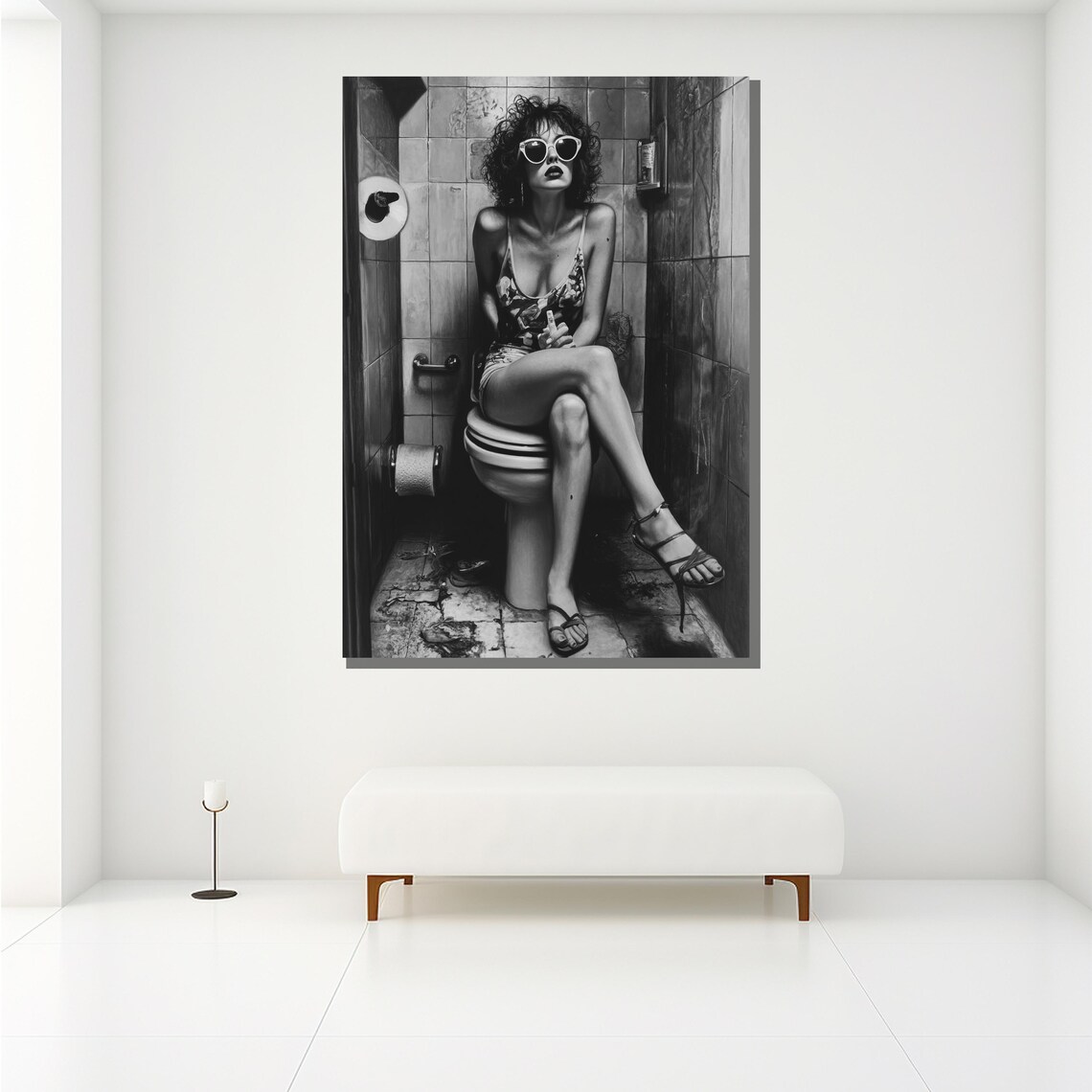Edgy Woman Sunglasses Black White Bathroom Portrait Bold Art Wall Poster - Image 2