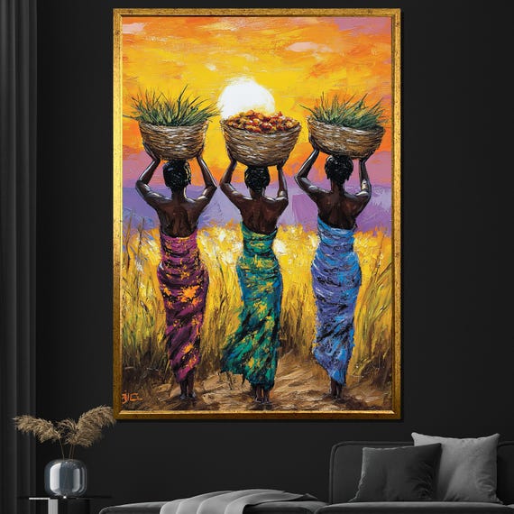 African Sunset Painting Colorful Tribal Women Wall Art Vibrant Home Decor Unique Gift For Living Room