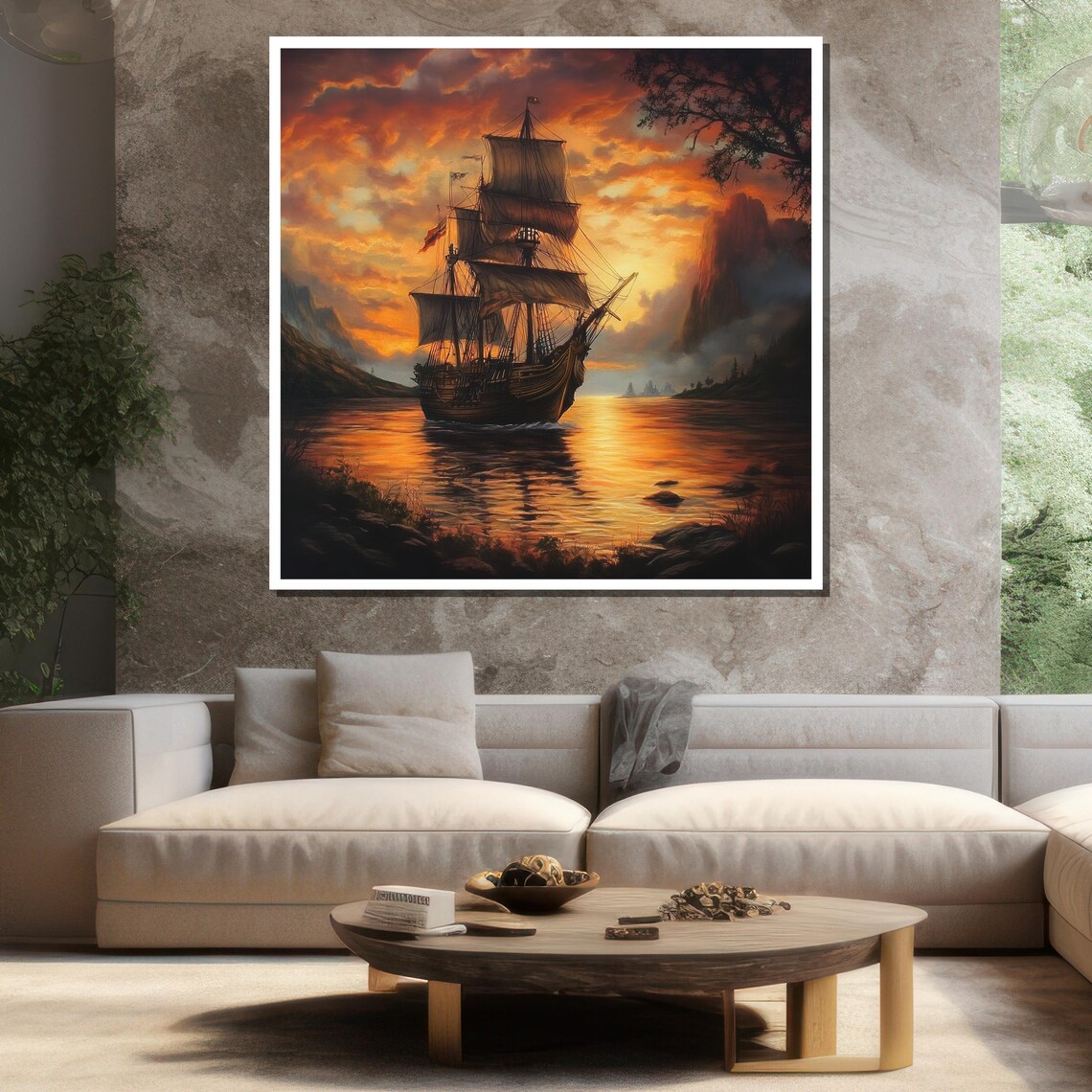Tall Sailing Ship Fiery Sunset Ocean Dramatic Maritime Painting Poster - Image 3