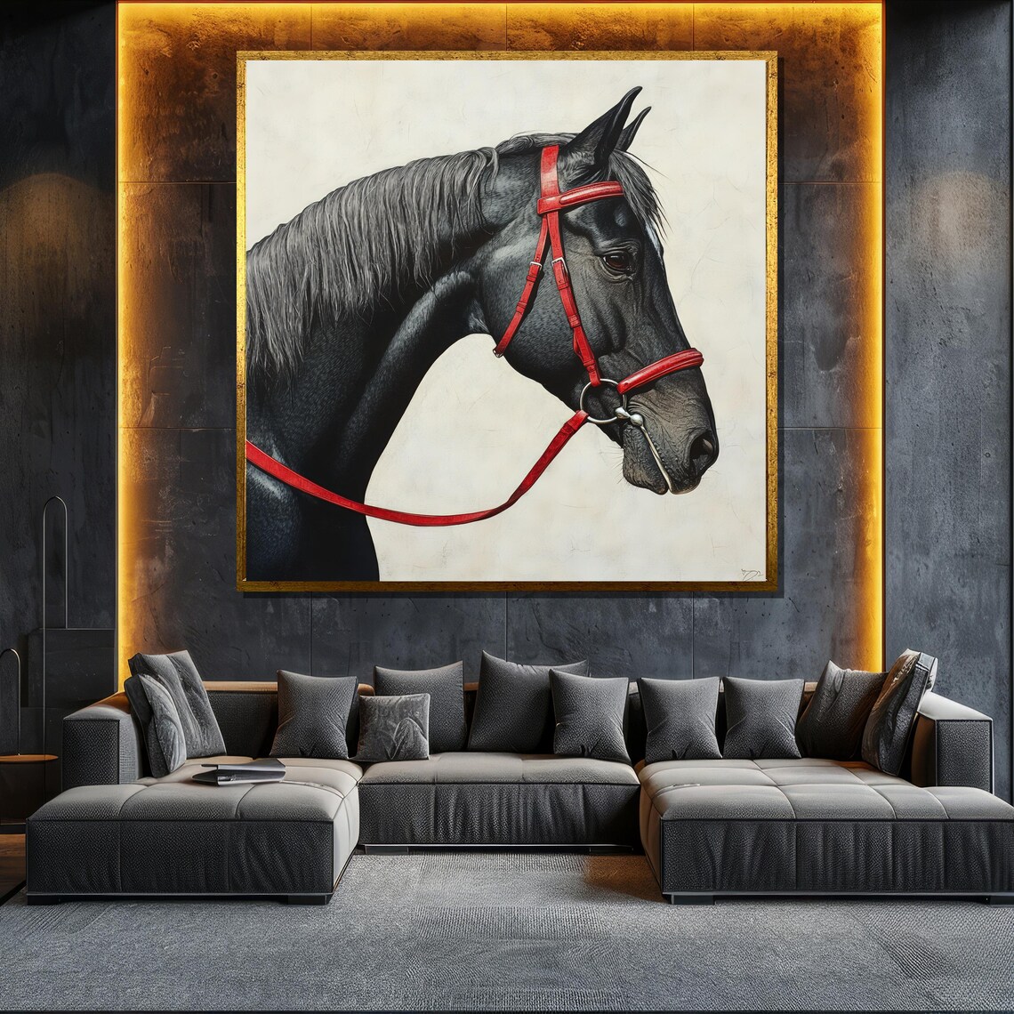 Black Horse Red Bridle Minimalist Profile Equine Elegant Wall Art