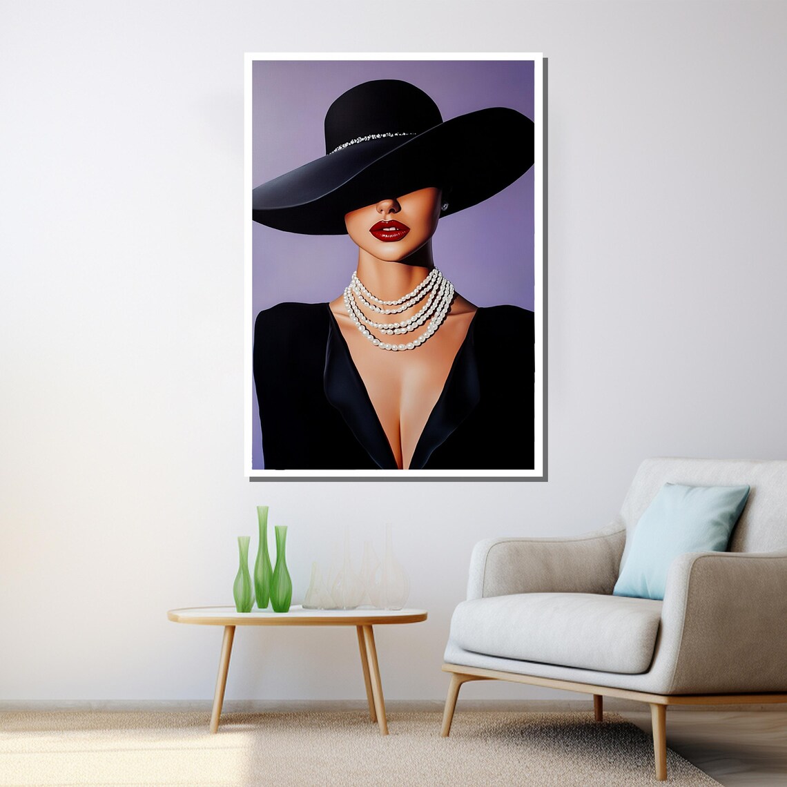 Black Hat Pearl Necklace Woman Red Lips Modern Fashion Art Wall Poster - Image 3