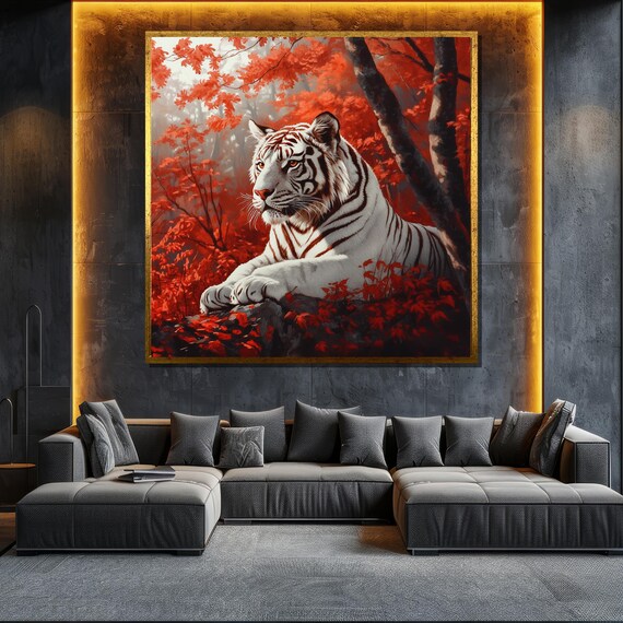 White Tiger Red Forest Majestic Resting Big Cat Wildlife Wall Art