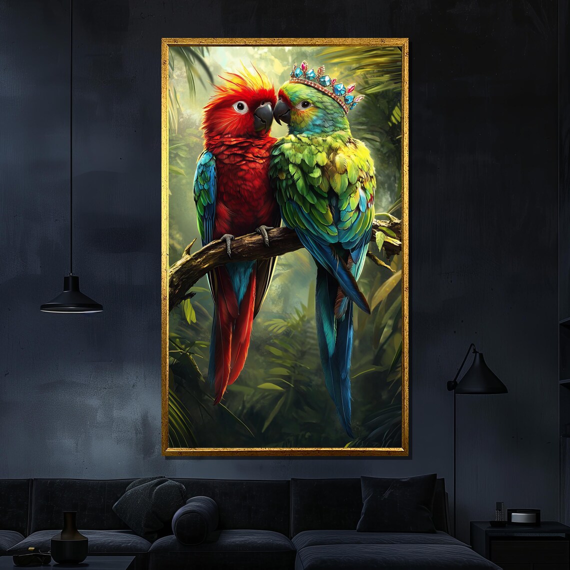 Crowned Parrot Pair Beak To Beak Whimsical Tropical Jungle Bird Poster