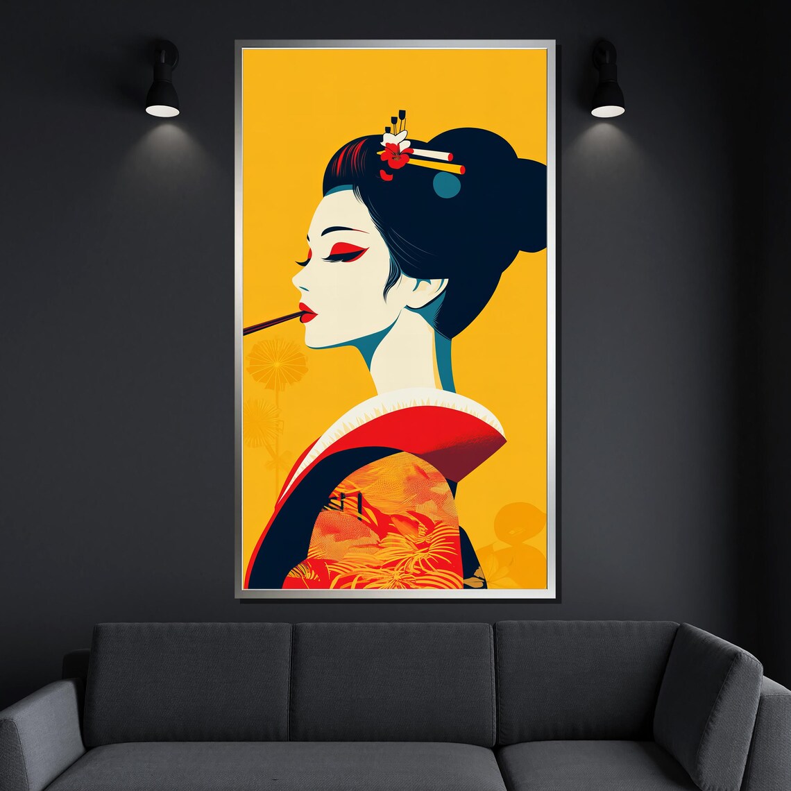 Modern Geisha Portrait On Mustard Yellow Bold Graphic Art Poster - Image 4
