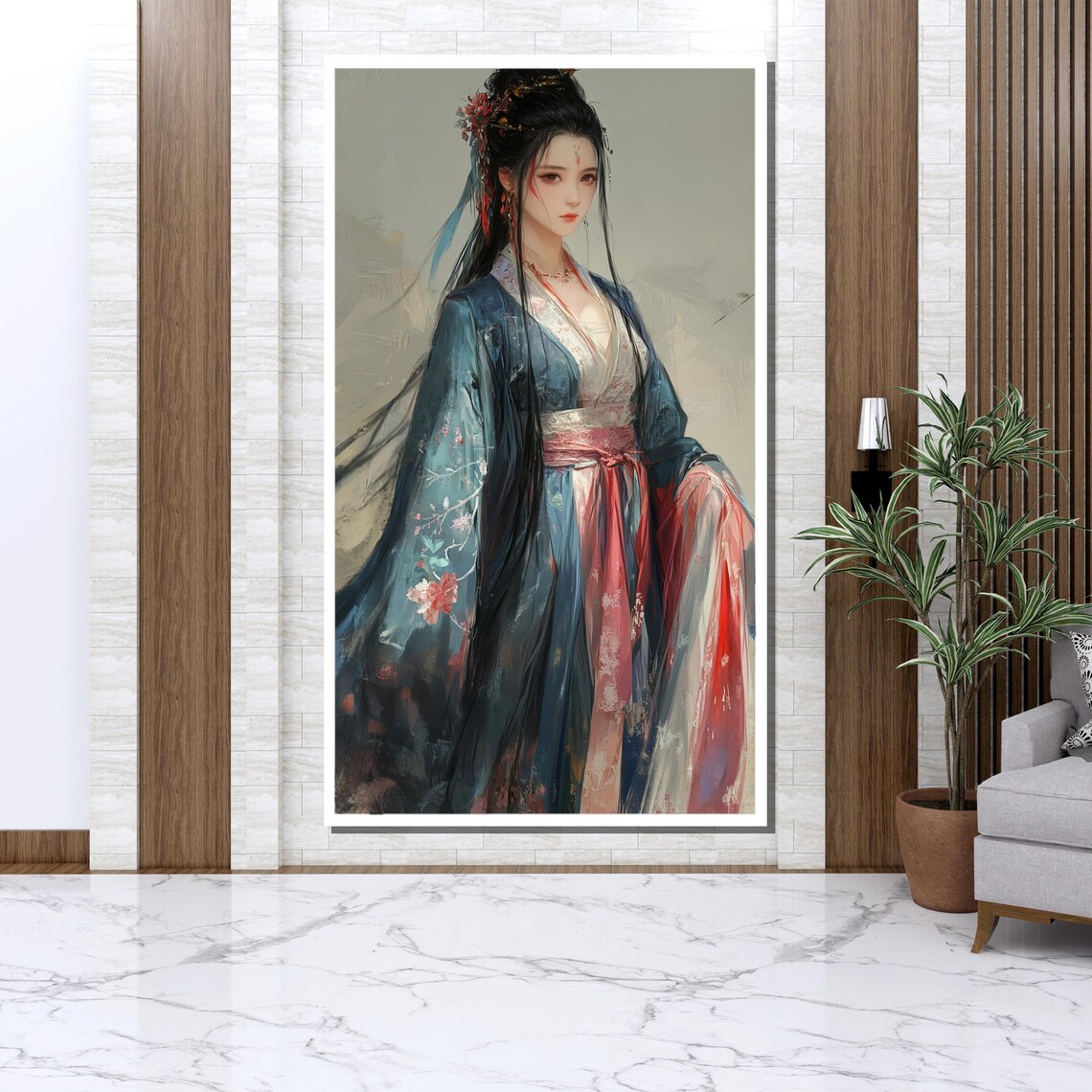 Chinese Woman In Blue Hanfu Traditional Elegant Portrait Art Poster - Image 3