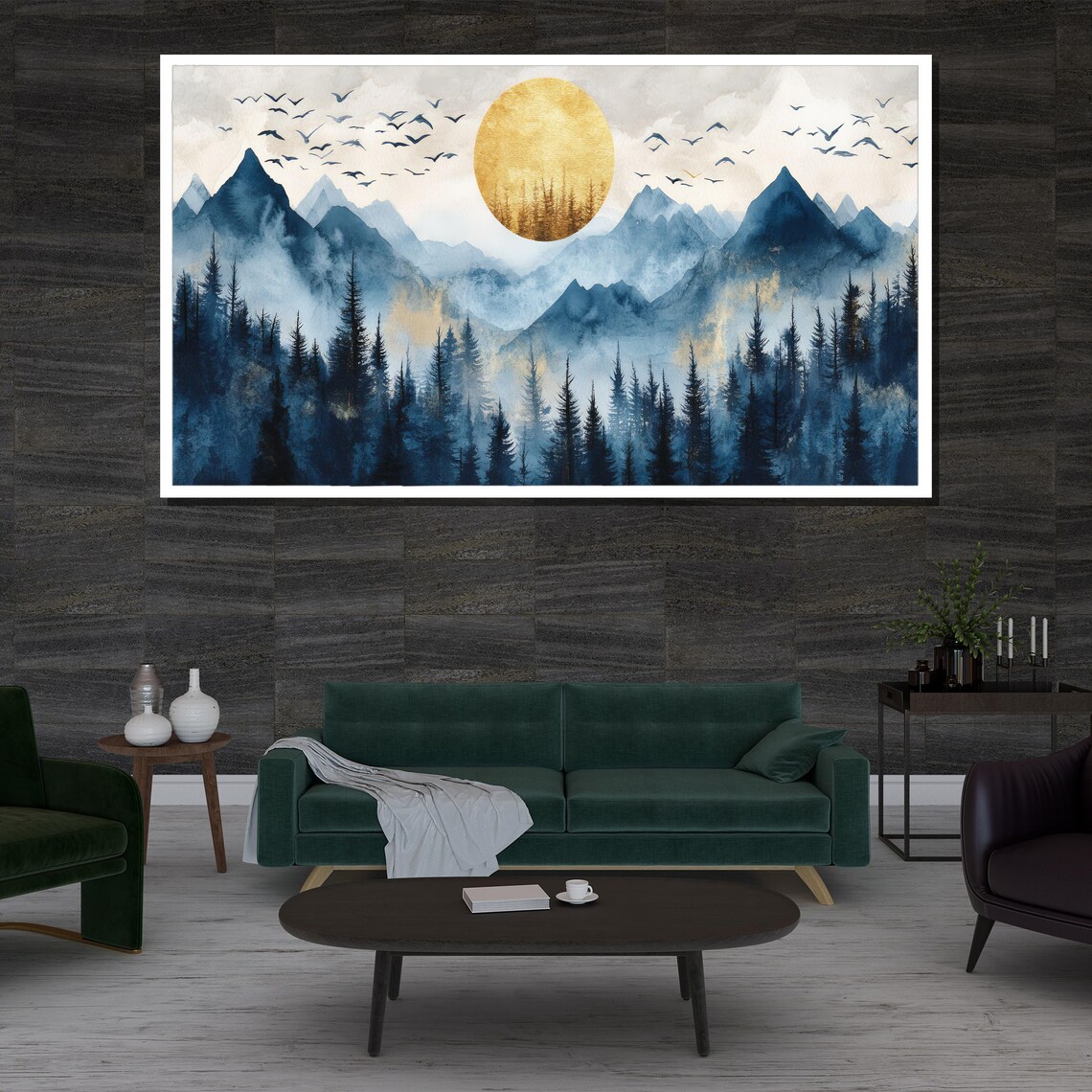 Golden Sun Blue Mountain Forest Watercolor Birds Landscape Poster - Image 3