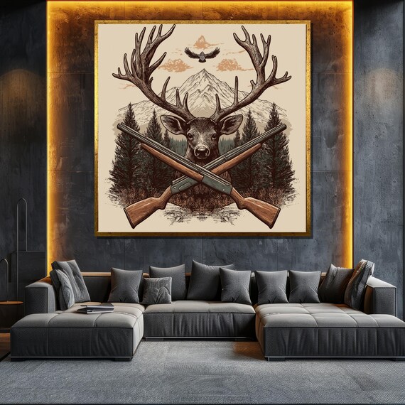 Deer Stag Crossed Rifles Mountain Pine Forest Vintage Hunting Poster