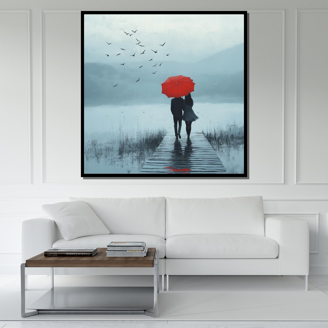 Couple Red Umbrella Misty Lake Boardwalk Birds Minimalist Wall Poster - Image 5