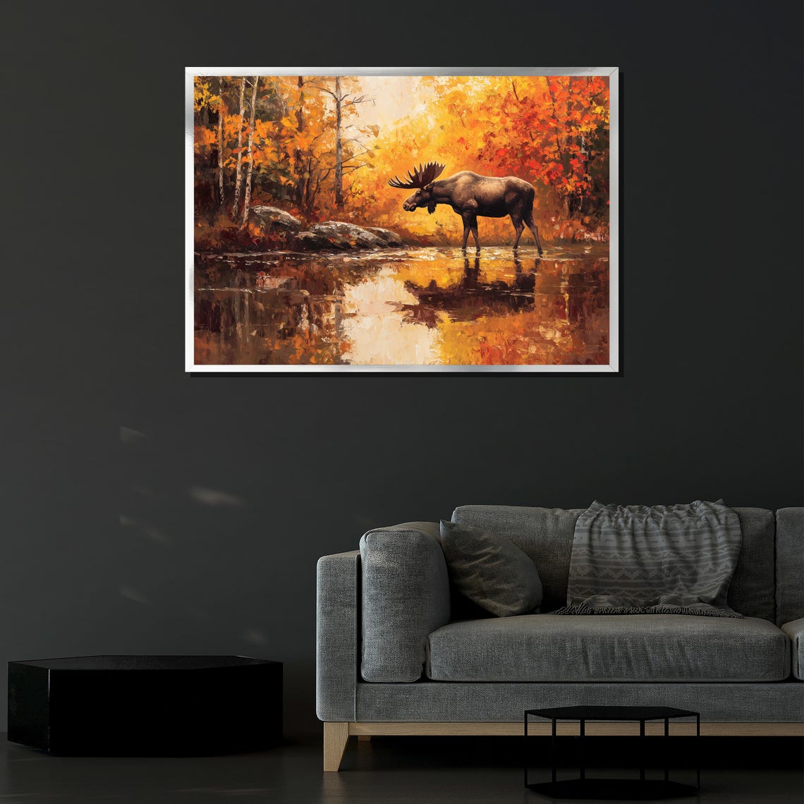 Bull Moose Autumn Forest Lake Reflection Wildlife Art Poster - Image 4