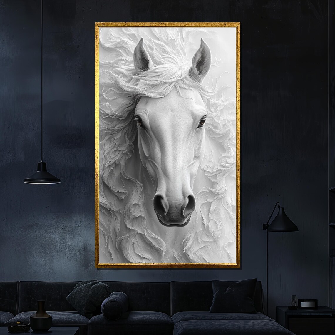 White Horse Elegant Monochrome Flowing Mane Equine Portrait Wall Art