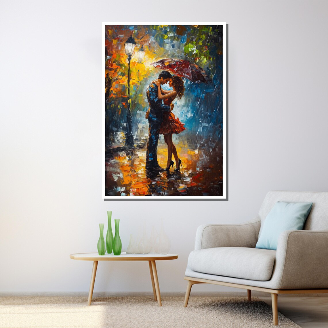 Romantic Couple Kissing Under Umbrella Rain Streetlamp Painting Poster - Image 3