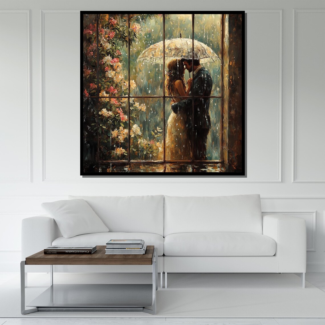 Romantic Couple Rainy Window Umbrella Kiss Floral Painting Wall Poster - Image 5